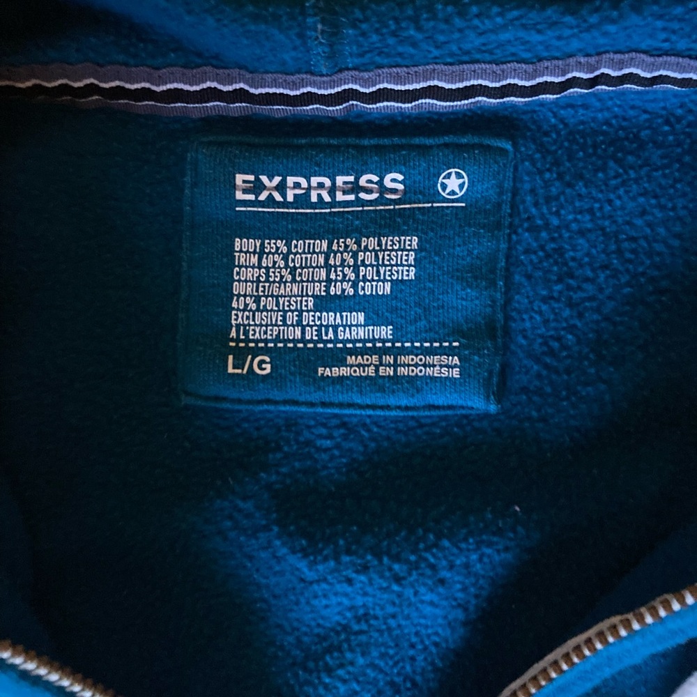 Aqua blue / green men’s express sweat shirt . Zip up . Size large